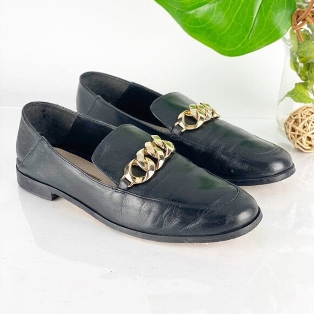 Zara Womens Loafer Size 39 8.5 Black Leather Chunky Gold Chain Slip On Shoe Flat